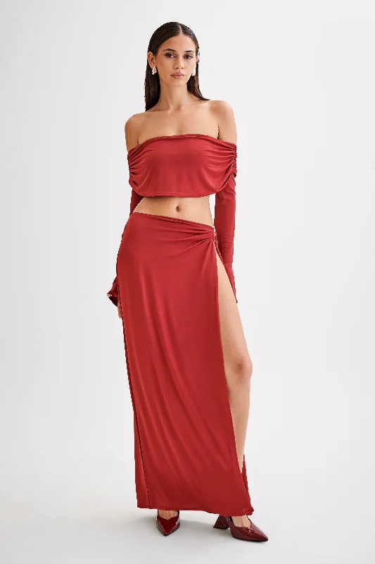 Suri Slinky Maxi Skirt With Silver Hardware - Cherry Red wrap skirt elegant