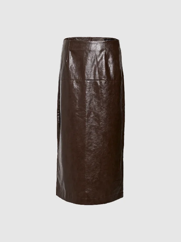 Vegan Leather Midi Straight Skirt belted skirt waist