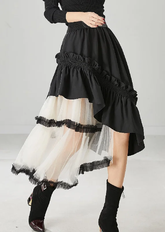 Women Black Ruffled Patchwork Tulle Cotton Skirt Spring seamless skirt comfort