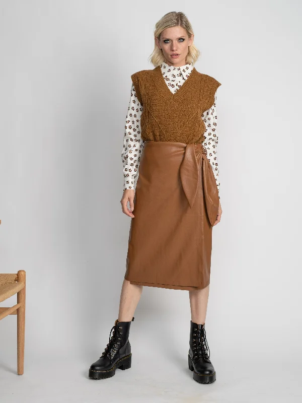 WRAP LEATHER SKIRT-BROWN linen skirt breathable